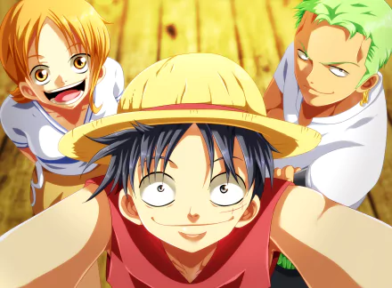 A vibrant HD wallpaper featuring Nami, Roronoa Zoro, and Monkey D. Luffy from the anime One Piece, showcasing their adventurous spirit against a warm, wooden background.