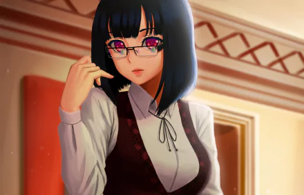 HD anime desktop wallpaper featuring an original character with black hair, red eyes, and glasses, dressed in a white blouse and dark vest in a warmly lit room.