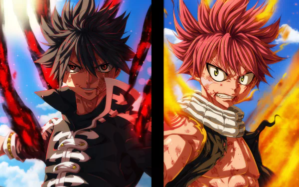 HD desktop wallpaper featuring Zeref Dragneel and Natsu Dragneel from the anime Fairy Tail, showcasing intense and dramatic scenes with fiery backgrounds.