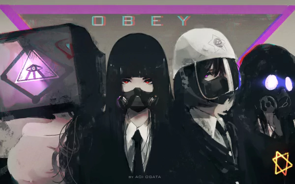 Anime-style 4K Ultra HD desktop wallpaper featuring four characters wearing gas masks against a dark, stylized background with a prominent OBEY text.