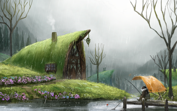 Fantasy Men Fishing Camping House Rain Pond HD Wallpaper | Background Image