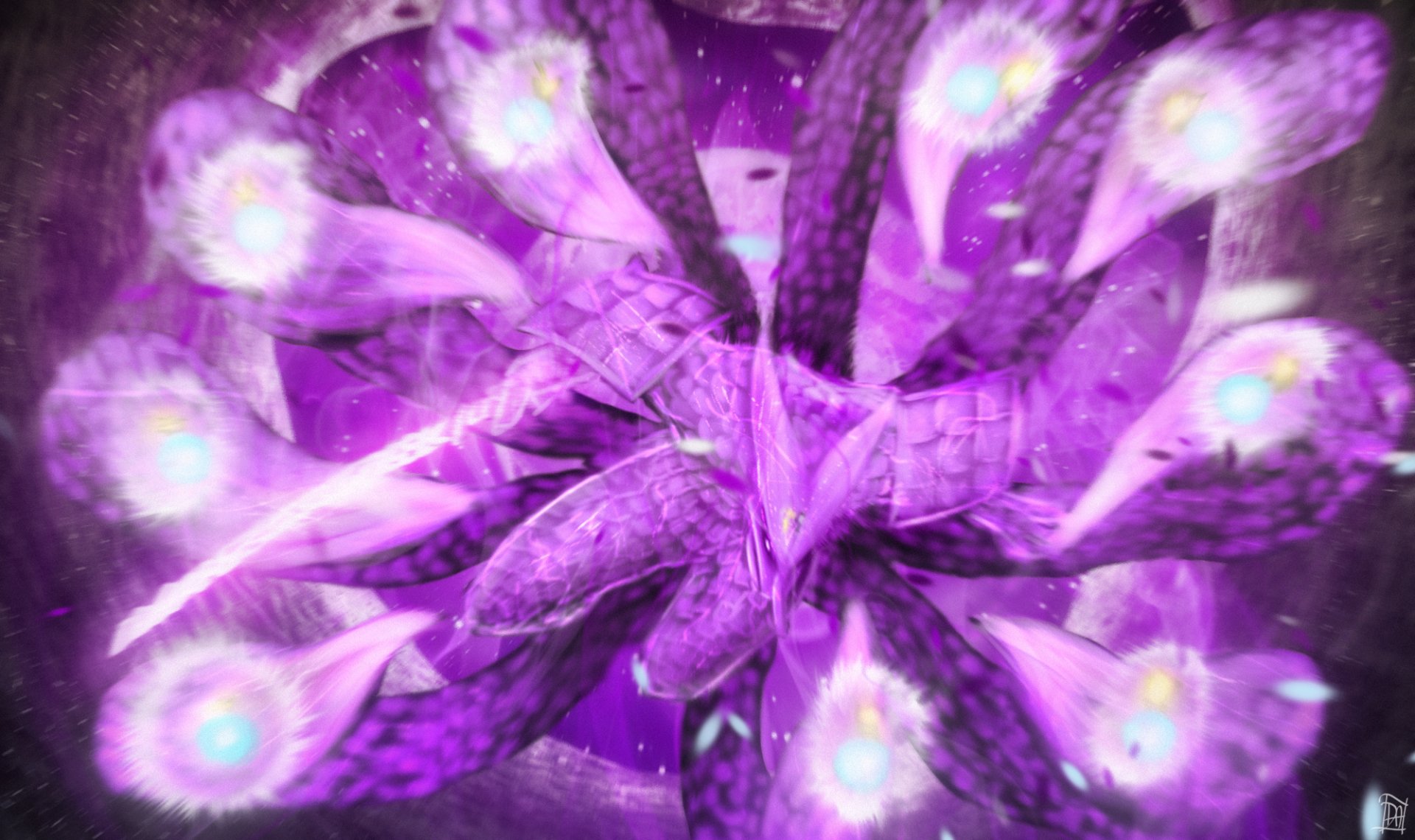HD PC desktop wallpaper of Sasuke Uchiha's purple Susanoo from Naruto, radiating multiple glowing chakra orbs and towering spectral armor in dynamic anime style.