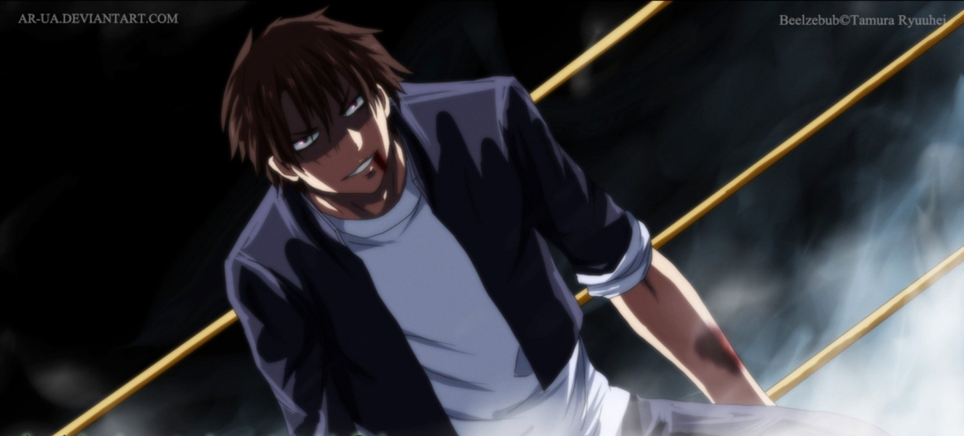 Tatsumi Oga from Beelzebub in a gritty, dim-lit anime portrait—bloodied and bruised near ring ropes; dramatic HD PC desktop wallpaper/background.