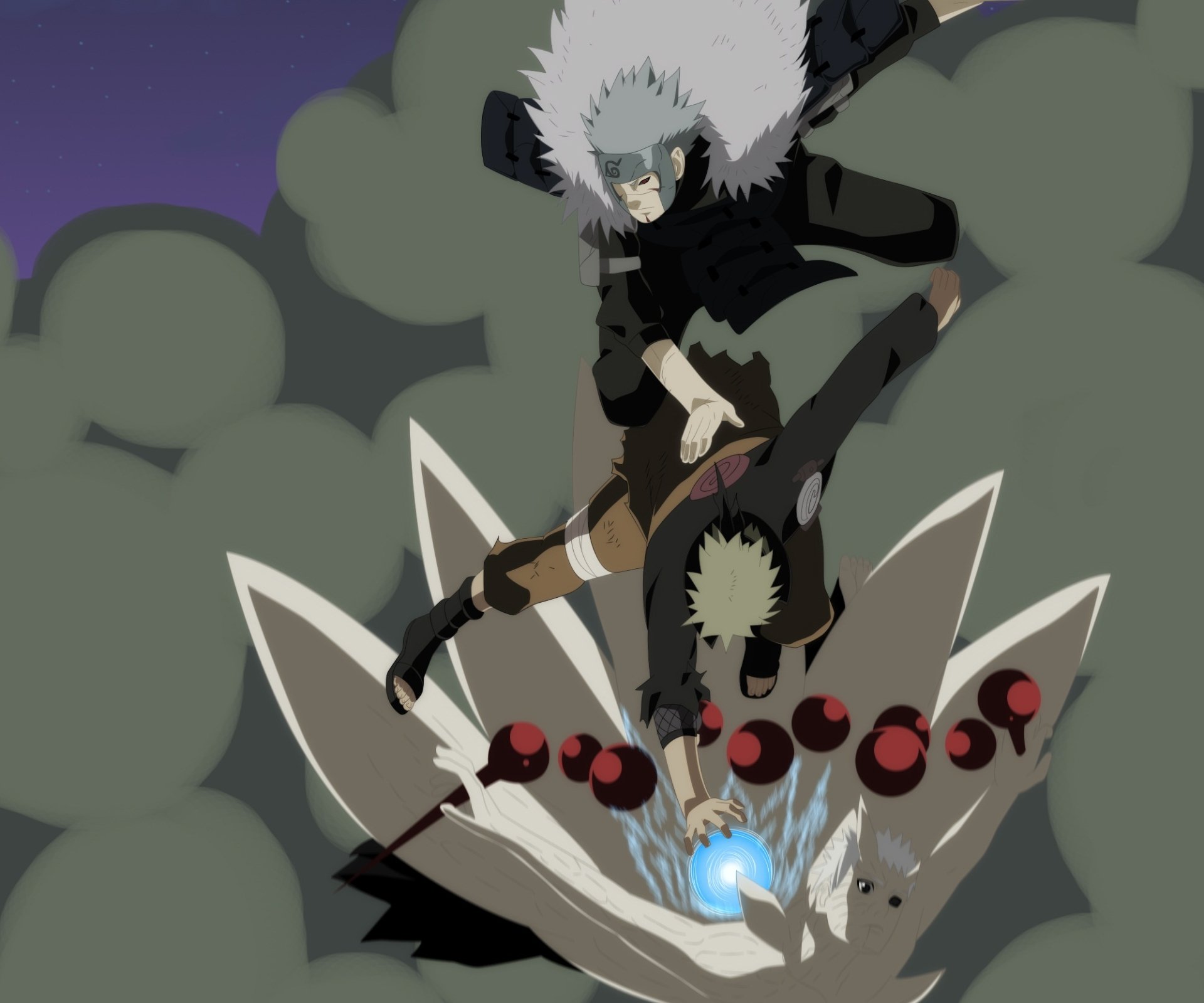 HD PC desktop wallpaper showing Naruto Uzumaki, Obito Uchiha and Tobirama Senju in a dynamic anime battle pose, Naruto channeling a glowing Rasengan amid swirling smoke.