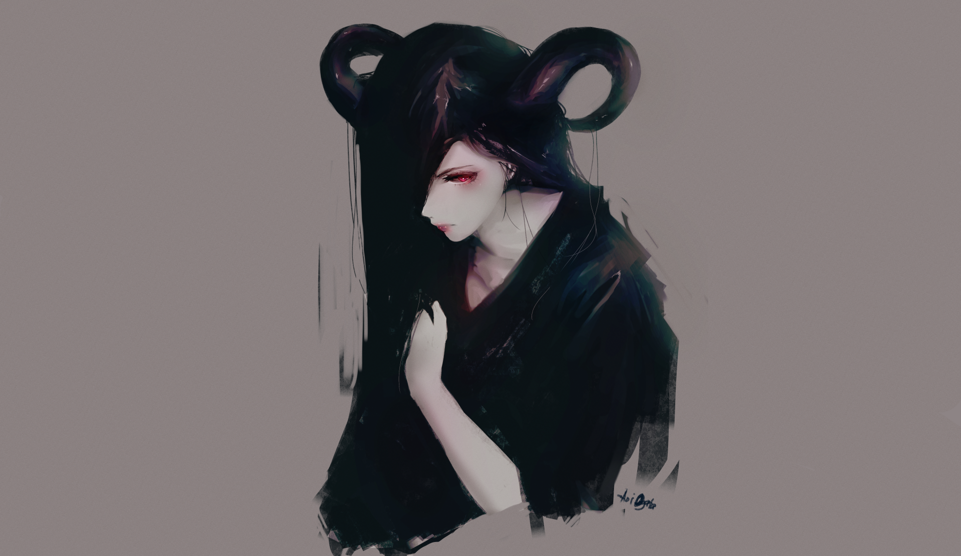 Original Anime portrait with horns: pale figure, long dark hair and red eyes in moody brushstrokes — 5K Ultra HD PC desktop wallpaper and background.