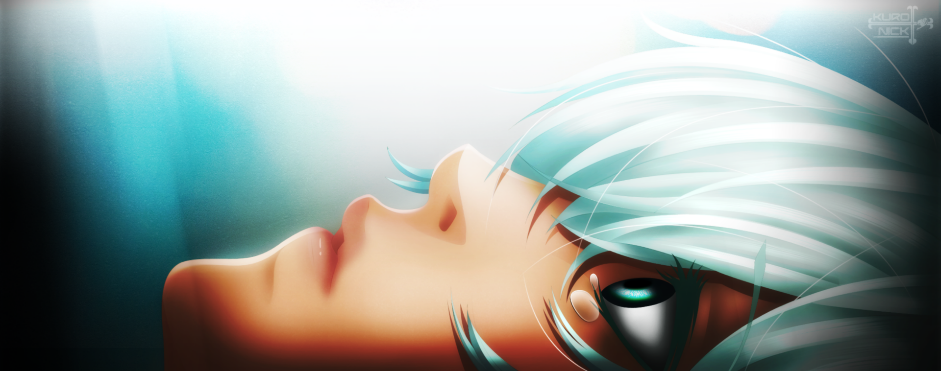 Close-up HD anime desktop wallpaper of Tooru Mutsuki from Tokyo Ghoul:re, featuring detailed facial features and striking white hair against a soft blue background.