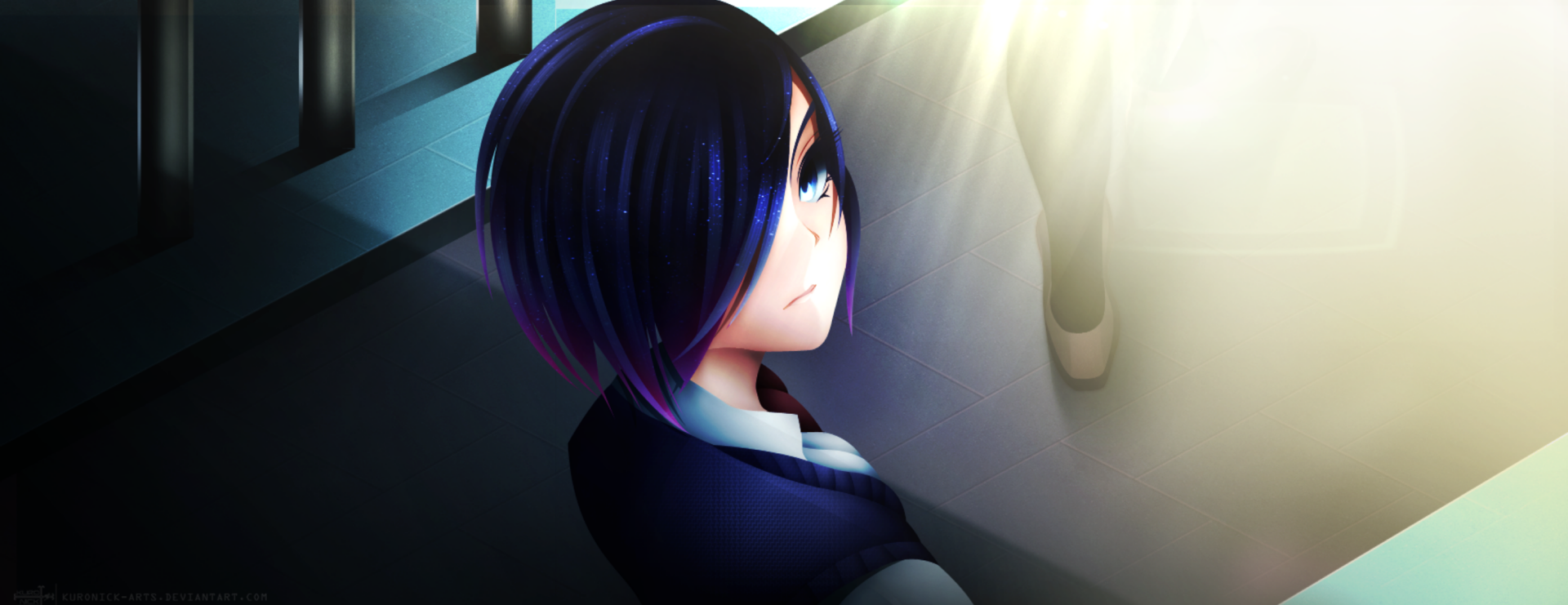 HD desktop wallpaper featuring Touka Kirishima from Tokyo Ghoul, showcasing her dark hair and intense gaze in a dimly lit setting.