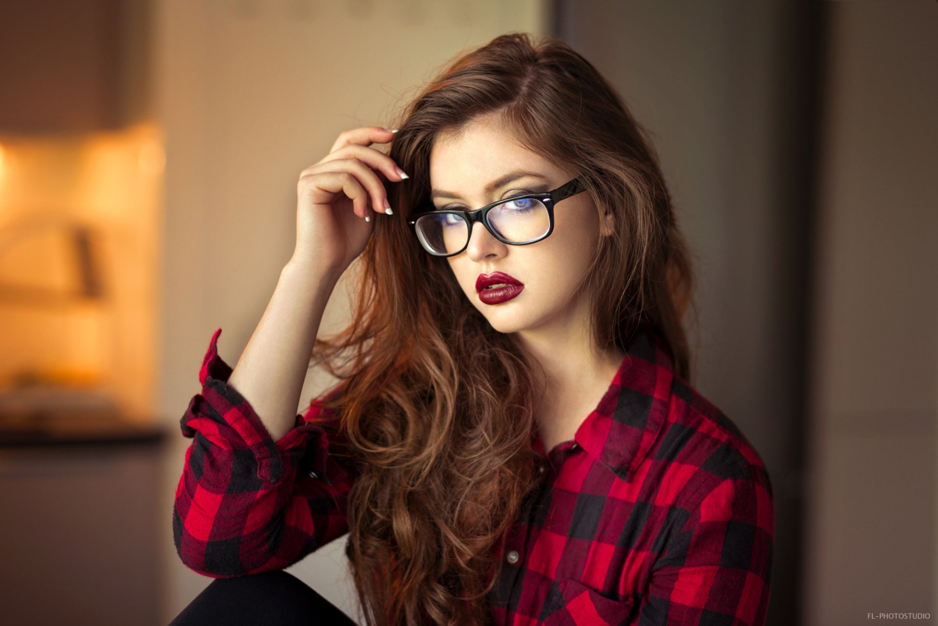 Download Depth Of Field Long Hair Brunette Glasses Lipstick Woman Model ...