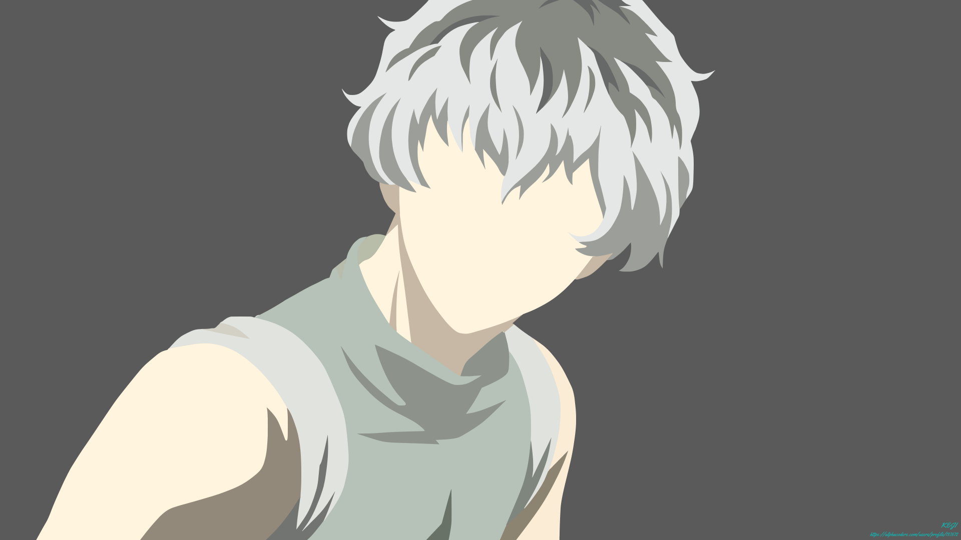 Minimalist 8K Ultra HD anime wallpaper featuring Haise Sasaki from Tokyo Ghoul:re with distinctive two-toned grey and white hair against a muted background.