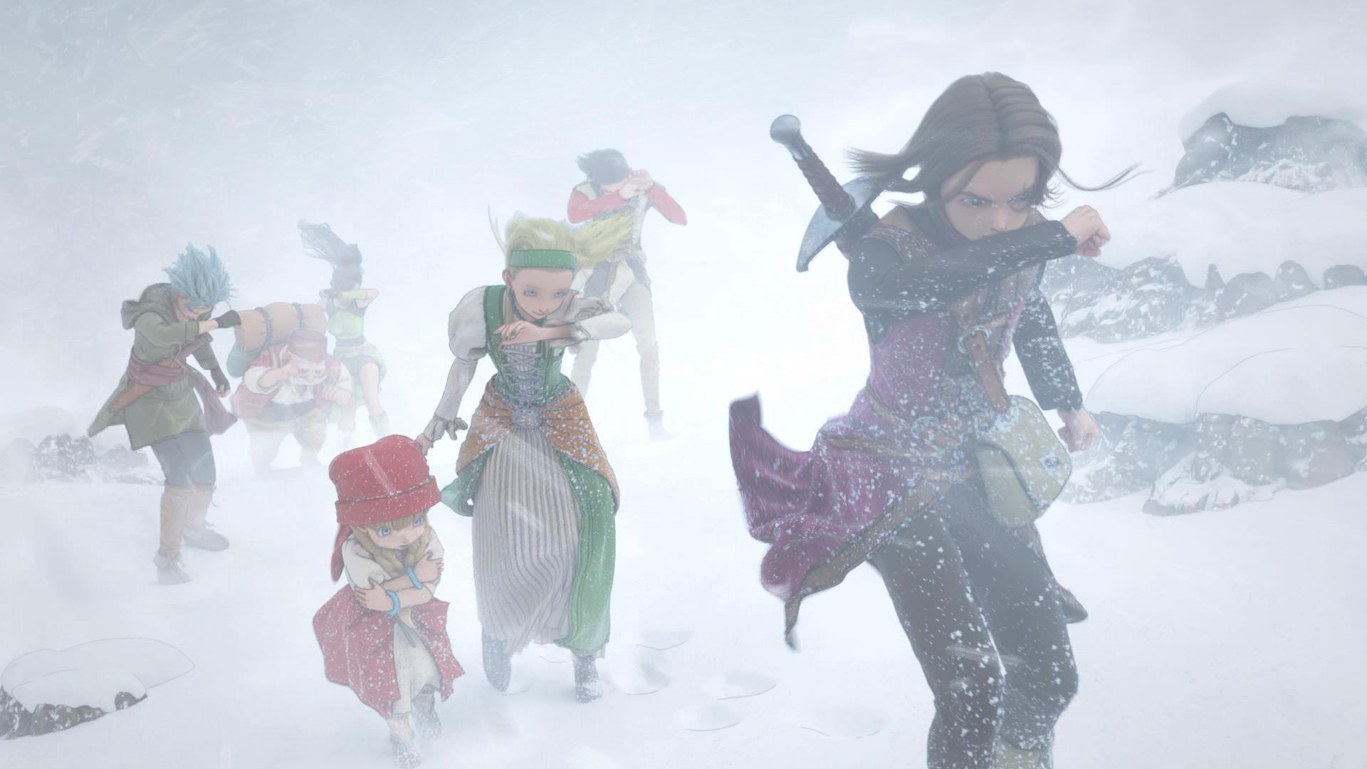 HD PC desktop wallpaper featuring characters from the video game Dragon Quest XI trekking through a snowy landscape.