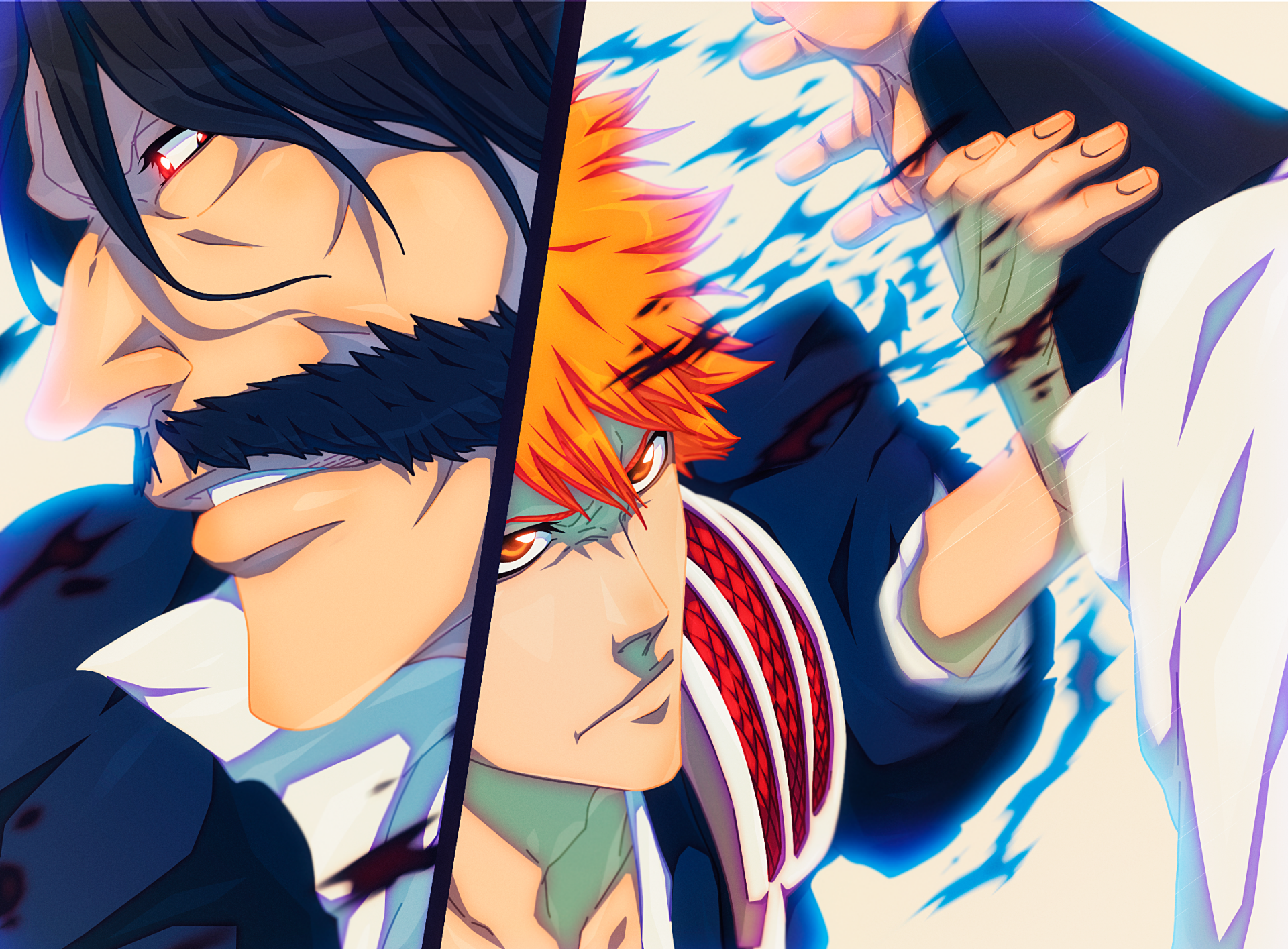 HD PC wallpaper featuring Yhwach and Ichigo Kurosaki from the anime Bleach, showcasing dynamic poses and vibrant energy effects.