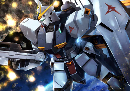 HD desktop wallpaper featuring Nu-Gundam, a robot from the anime series Mobile Suit Gundam, set against a space backdrop.