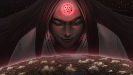 HD PC desktop wallpaper featuring Kaguya Ōtsutsuki from Naruto, depicted with a glowing red third eye and an intense, ominous expression under a starry sky.
