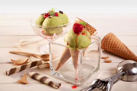 Still life of pistachio-green ice cream scoops in waffle cones set in glass dishes with wafer rolls and a spare cone on a wooden table — 5K Ultra HD PC desktop wallpaper.