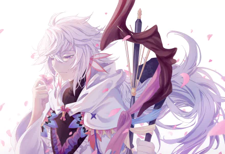Merlin (Fate Series) — Fate/Grand Order anime portrait: white-haired mage in flowing robes with staff, pink petals drifting. 2K Quad HD PC desktop wallpaper/background.