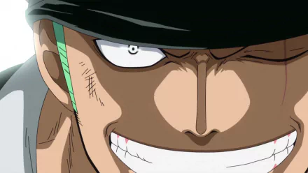 Close-up HD anime wallpaper of Roronoa Zoro from One Piece, showcasing his intense expression and iconic green hair strands.
