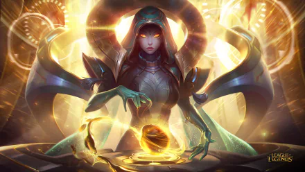 HD desktop wallpaper featuring Sona from the video game League of Legends, showcasing her with an ethereal, glowing background and intricate details.