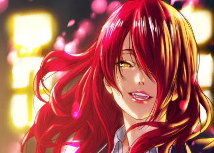 HD anime desktop wallpaper featuring Rindō Kobayashi from Food Wars: Shokugeki no Soma with vibrant red hair and glowing golden eyes.