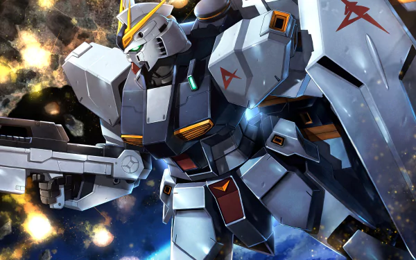 HD desktop wallpaper featuring Nu-Gundam, a robot from the anime series Mobile Suit Gundam, set against a space backdrop.