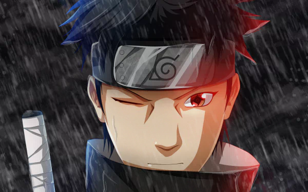 HD wallpaper of Shisui Uchiha from Naruto, featuring a close-up view of his face with a red eye and rain backdrop.