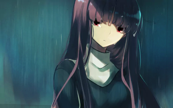 HD anime wallpaper featuring Fujino Asagami from The Garden of Sinners, depicted with long dark hair and a somber expression against a rainy, moody background.
