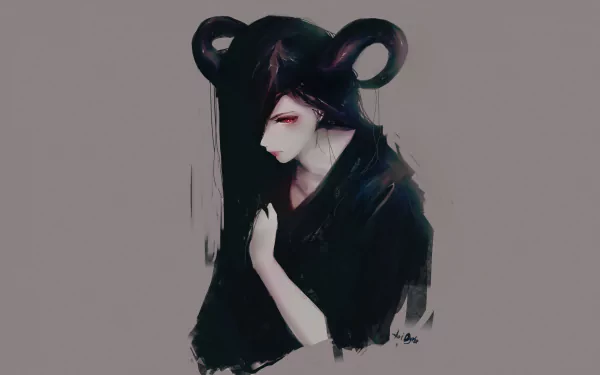 Original Anime portrait with horns: pale figure, long dark hair and red eyes in moody brushstrokes — 5K Ultra HD PC desktop wallpaper and background.