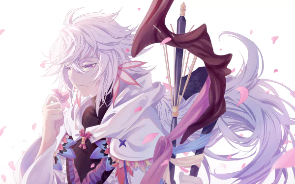 Merlin (Fate Series) — Fate/Grand Order anime portrait: white-haired mage in flowing robes with staff, pink petals drifting. 2K Quad HD PC desktop wallpaper/background.