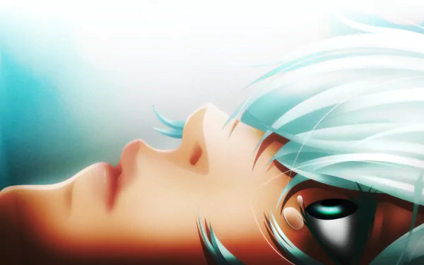 Close-up HD anime desktop wallpaper of Tooru Mutsuki from Tokyo Ghoul:re, featuring detailed facial features and striking white hair against a soft blue background.