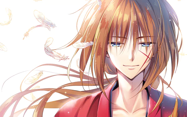 HD PC desktop wallpaper featuring Kenshin Himura from the anime Rurouni Kenshin, with flowing hair and soft feathers floating around.