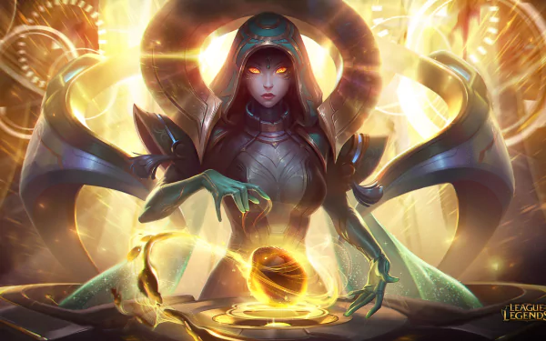HD desktop wallpaper featuring Sona from the video game League of Legends, showcasing her with an ethereal, glowing background and intricate details.