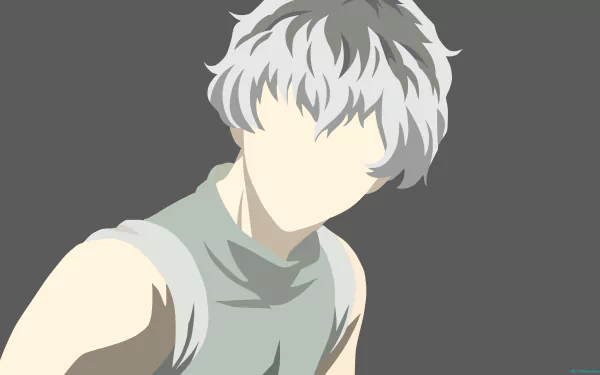 Minimalist 8K Ultra HD anime wallpaper featuring Haise Sasaki from Tokyo Ghoul:re with distinctive two-toned grey and white hair against a muted background.