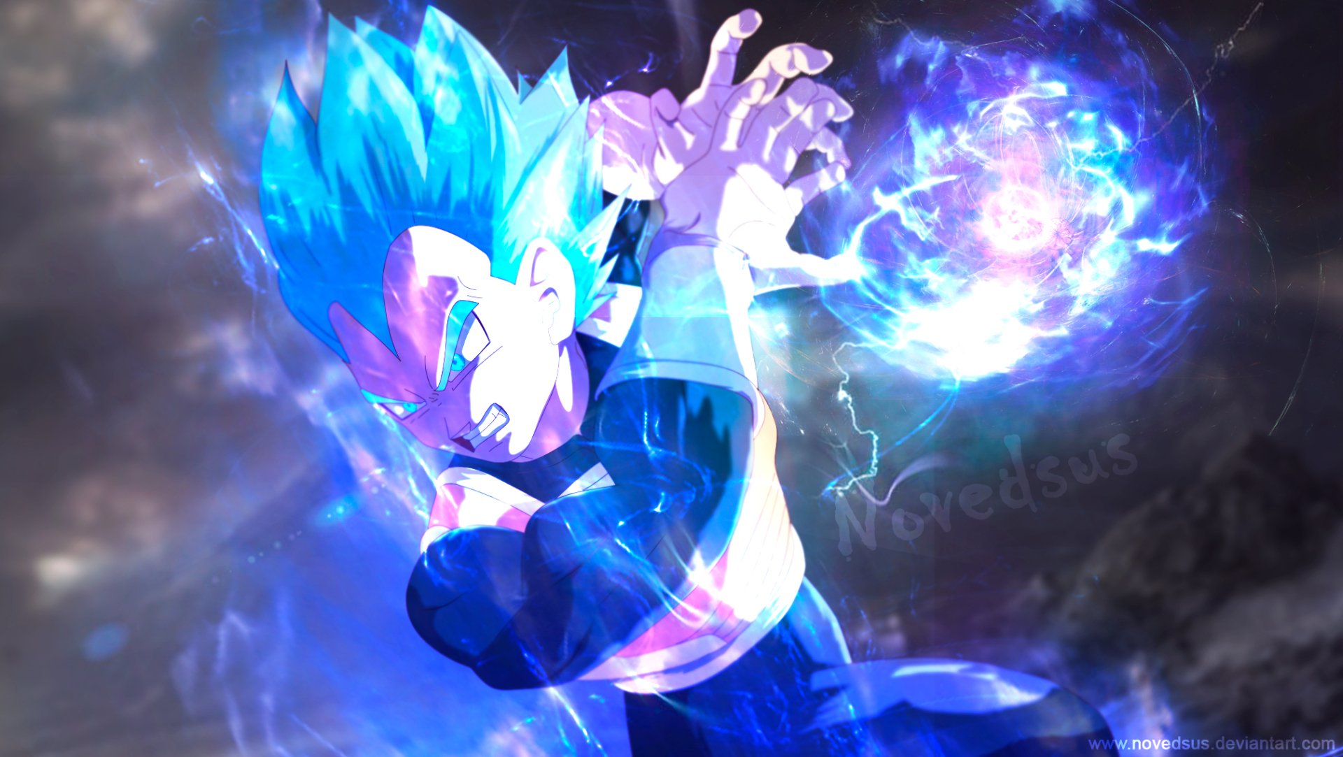 HD PC desktop wallpaper: Vegeta (Dragon Ball) from Dragon Ball Super unleashing a glowing blue ki sphere, anime-style energy streaks and motion-blur cosmic background.