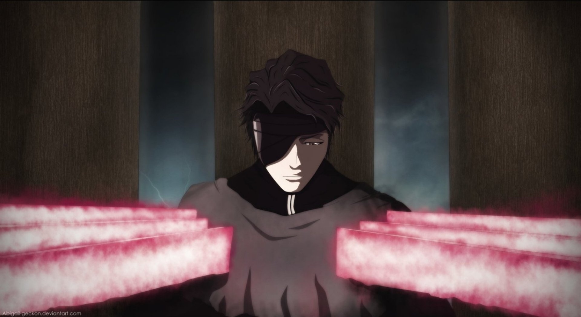 HD PC desktop wallpaper featuring Sōsuke Aizen from the anime Bleach, depicted with a dark, intense atmosphere and glowing pink energy beams.