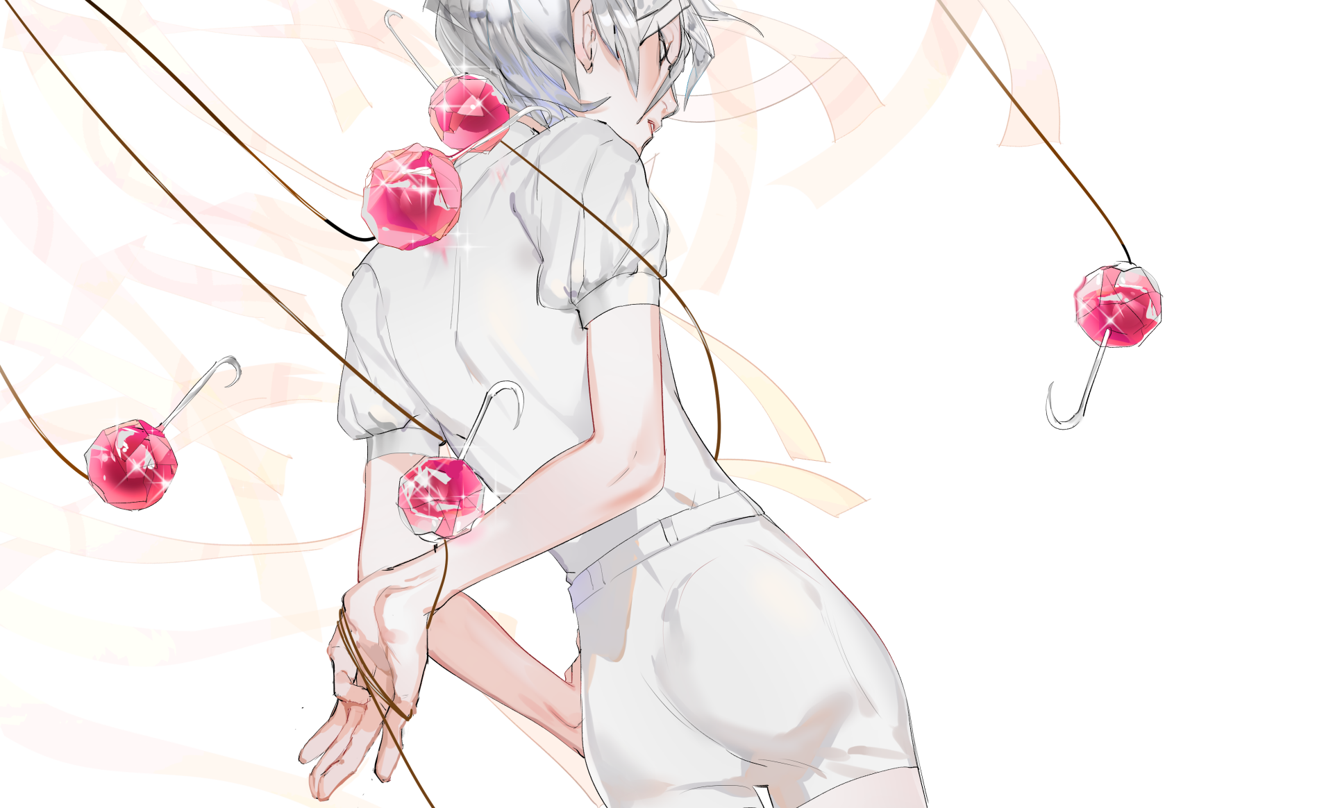 4K Ultra HD anime wallpaper featuring Antarcticite from Land of the Lustrous, showcasing a delicate and ethereal character design with floating cherries on a soft background.