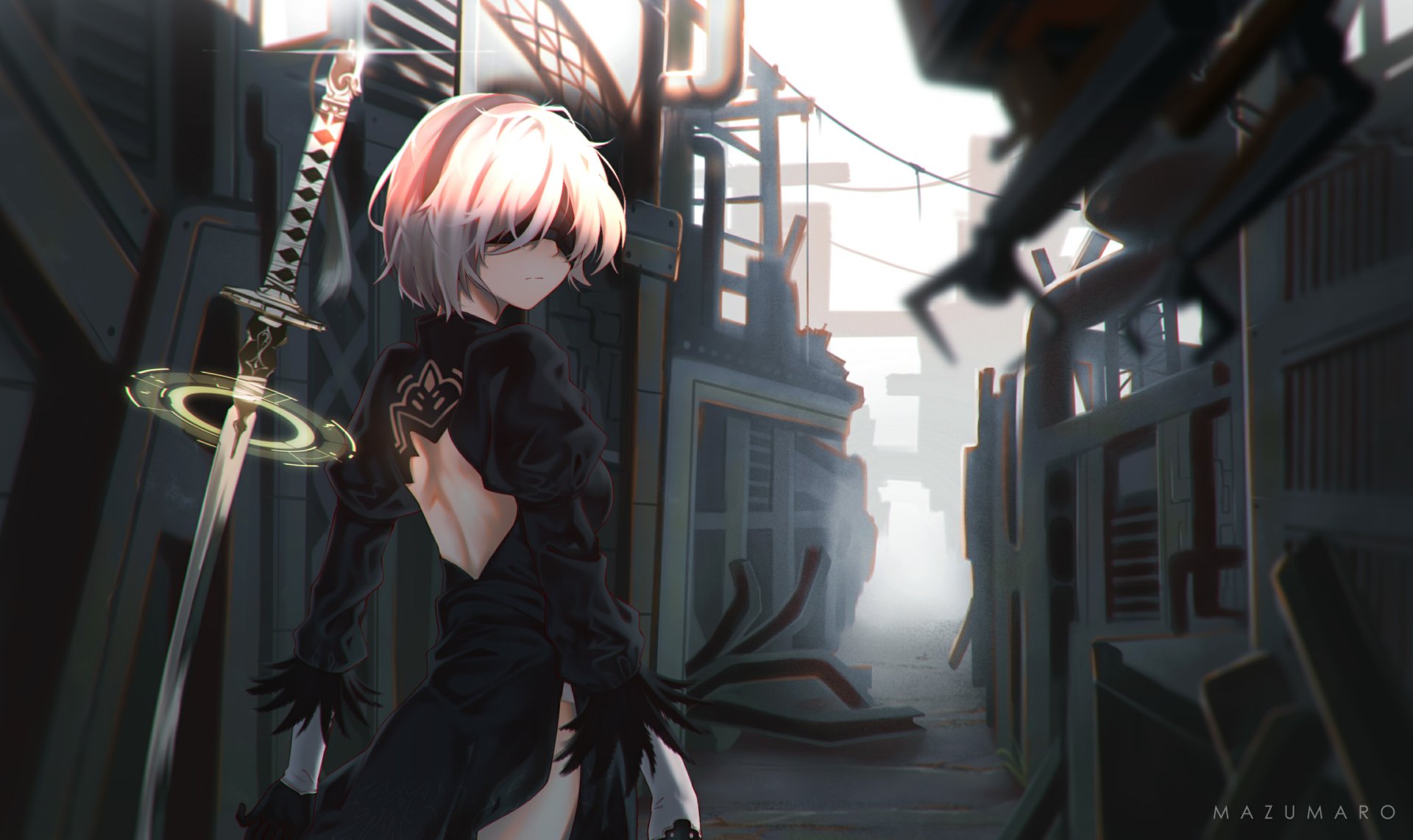 HD PC desktop wallpaper featuring YoRHa No.2 Type B from the video game NieR: Automata, set in a moody, industrial urban environment.