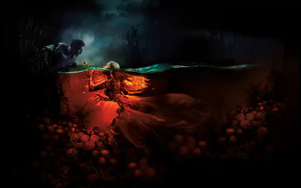 Dark fantasy 4K Ultra HD wallpaper from The Mermaid: Lake of the Dead, featuring a skull-faced mermaid beneath water and a figure peering from above in a haunting scene.