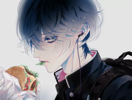 yellow eyes earbuds hamburger black hair short hair Anime Original HD Desktop Wallpaper | Background Image