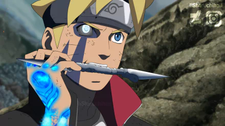 Boruto Uzumaki with activated Jōgan and glowing blue chakra tattoo on his hand, gripping a kunai — anime 4K Ultra HD PC desktop wallpaper.