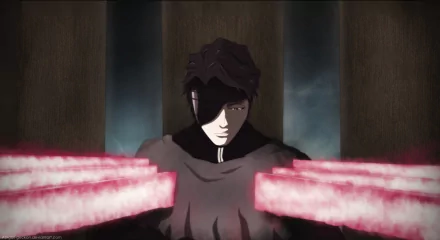 HD PC desktop wallpaper featuring Sōsuke Aizen from the anime Bleach, depicted with a dark, intense atmosphere and glowing pink energy beams.