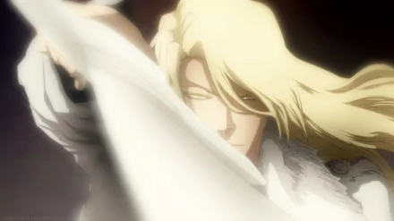 HD PC desktop wallpaper featuring Jugram Haschwalth from the anime Bleach, showcasing his intense gaze and flowing blonde hair in dynamic lighting.