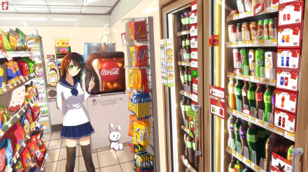 A vibrant anime HD wallpaper featuring a girl in a sailor uniform standing in a shop, surrounded by colorful beverages and snacks. A white rabbit character adds a whimsical touch to the scene.