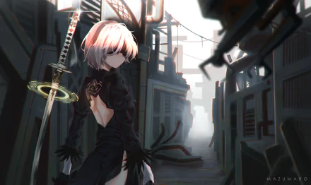 HD PC desktop wallpaper featuring YoRHa No.2 Type B from the video game NieR: Automata, set in a moody, industrial urban environment.