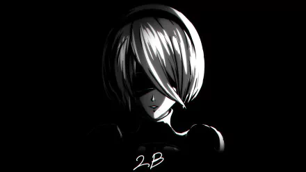 HD PC desktop wallpaper featuring YoRHa No.2 Type B (2B) from the video game NieR: Automata in a dark, monochrome style.