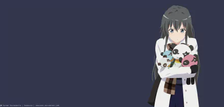Minimalist 4K Ultra HD anime wallpaper featuring Yukino Yukinoshita from My Teen Romantic Comedy SNAFU holding three panda plushies against a dark blue background.