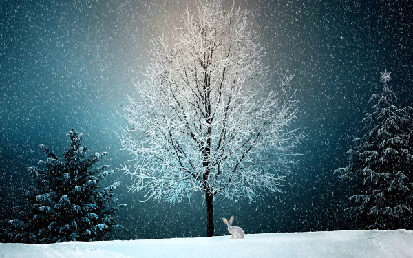 A serene winter scene with a lone bunny sitting in fresh snow beneath a frosted tree, captured in artistic detail for a 4K Ultra HD PC desktop wallpaper.