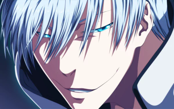 Close-up HD anime wallpaper of Gin Ichimaru from Bleach, featuring his signature sly smile and silver hair with bright blue eyes.