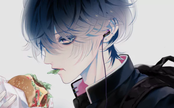 Anime-style HD desktop wallpaper of a short black-haired character with yellow eyes, wearing earbuds, and holding a hamburger.