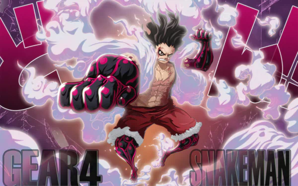 HD PC desktop wallpaper featuring Monkey D. Luffy in Gear Fourth form from the anime One Piece, showcasing his powerful, dynamic pose with vivid energy effects.