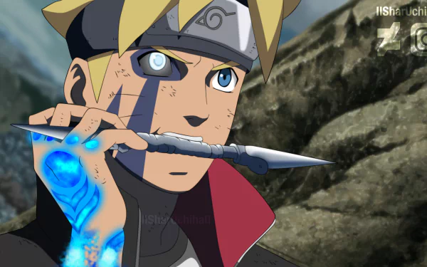 Boruto Uzumaki with activated Jōgan and glowing blue chakra tattoo on his hand, gripping a kunai — anime 4K Ultra HD PC desktop wallpaper.