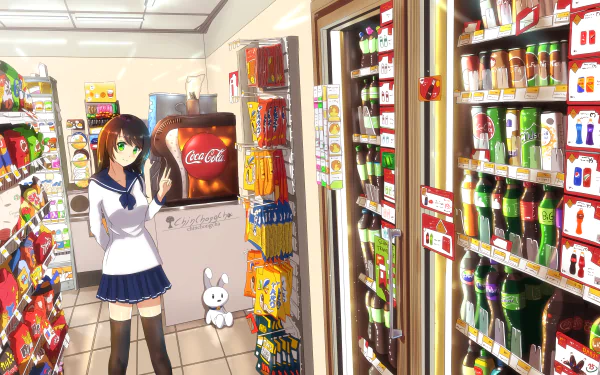 A vibrant anime HD wallpaper featuring a girl in a sailor uniform standing in a shop, surrounded by colorful beverages and snacks. A white rabbit character adds a whimsical touch to the scene.